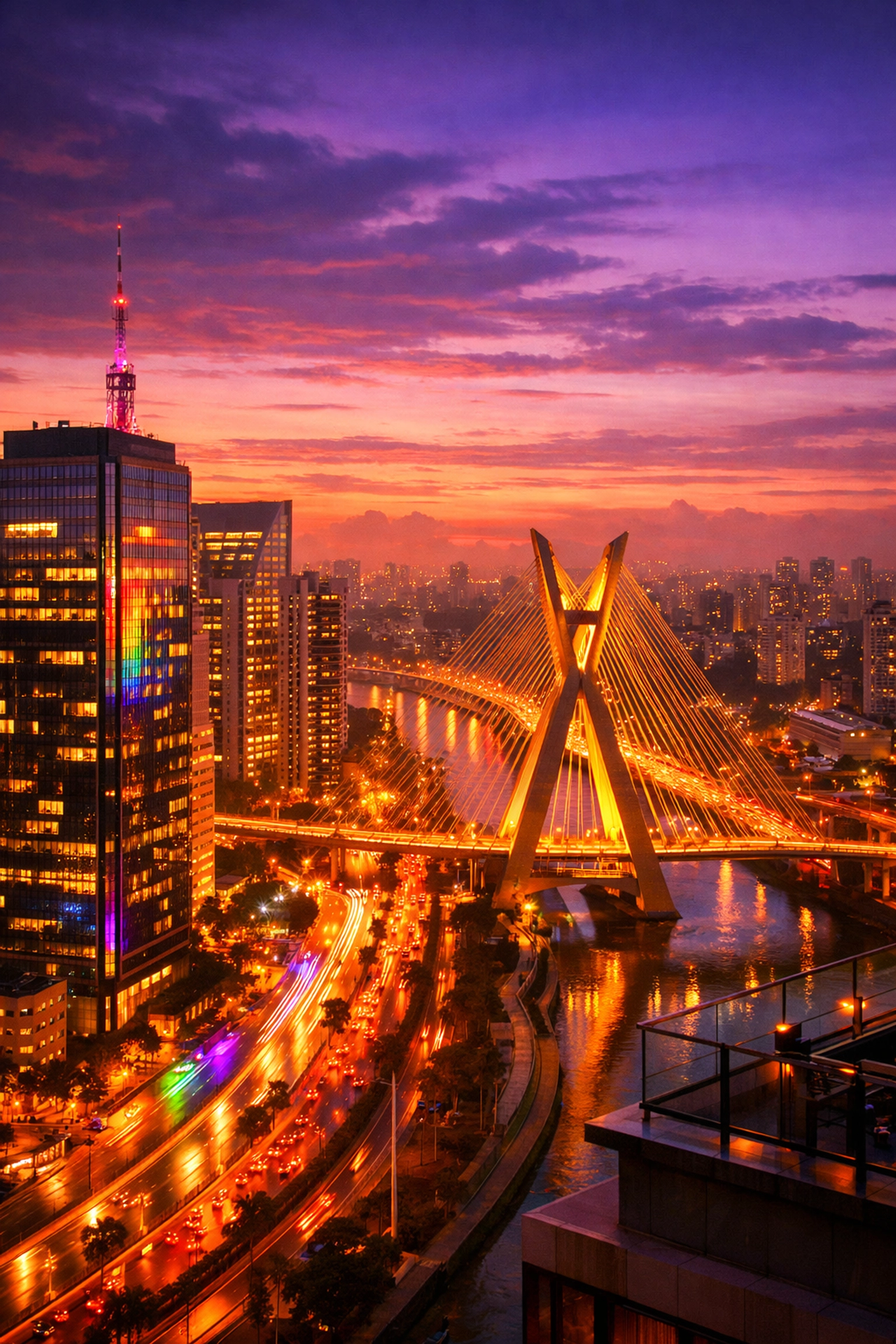 São Paulo skyline at sunset featuring Ponte Estaiada bridge - romantic MM romance setting