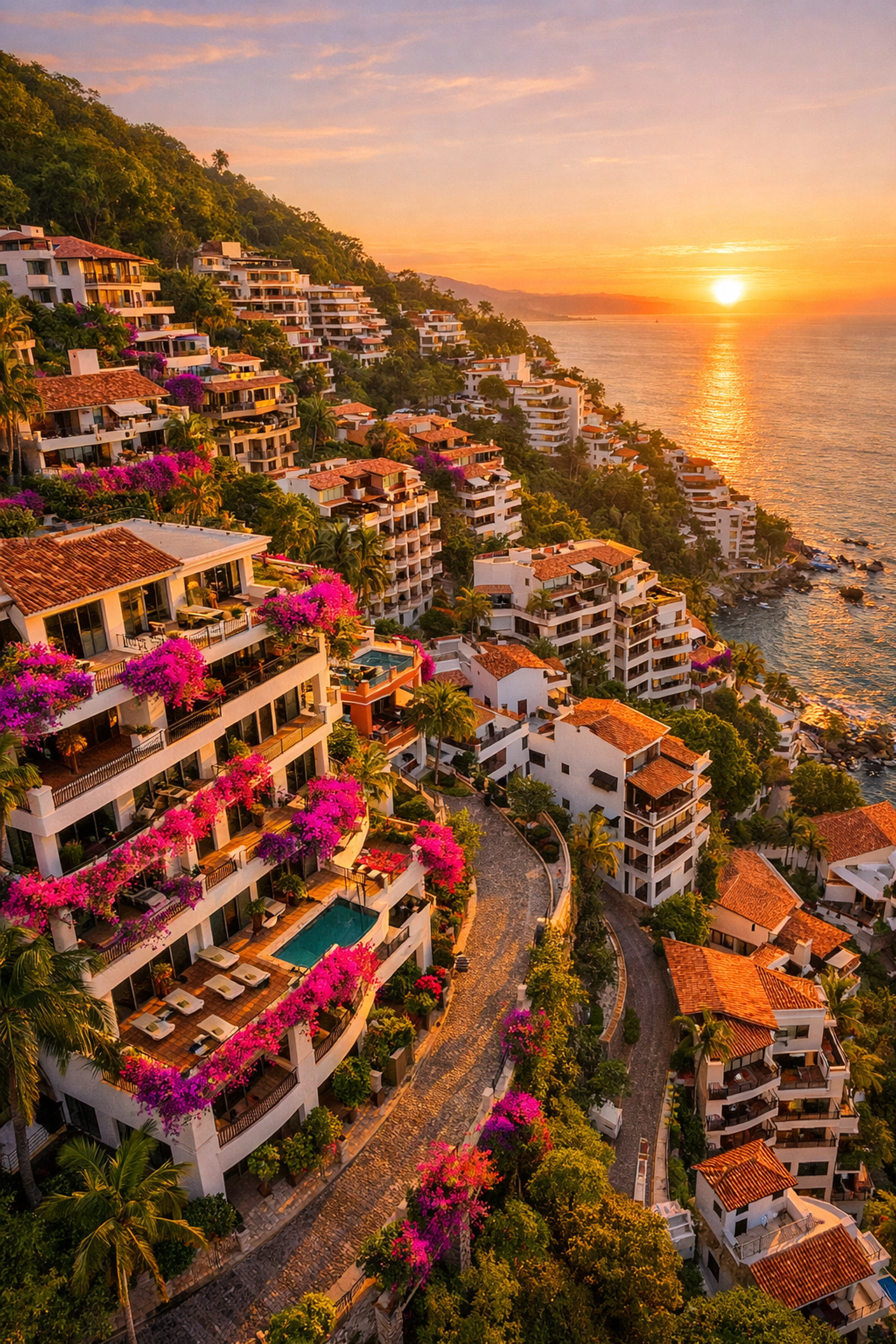 Amapas hillside neighborhood Puerto Vallarta with condos overlooking Banderas Bay at sunset