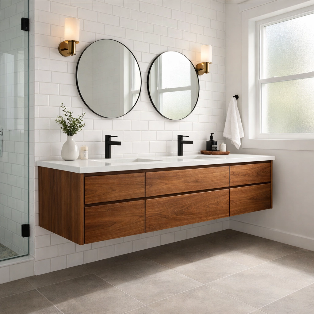 Custom floating bathroom vanity in walnut with proper spacing and clearance in modern bathroom
