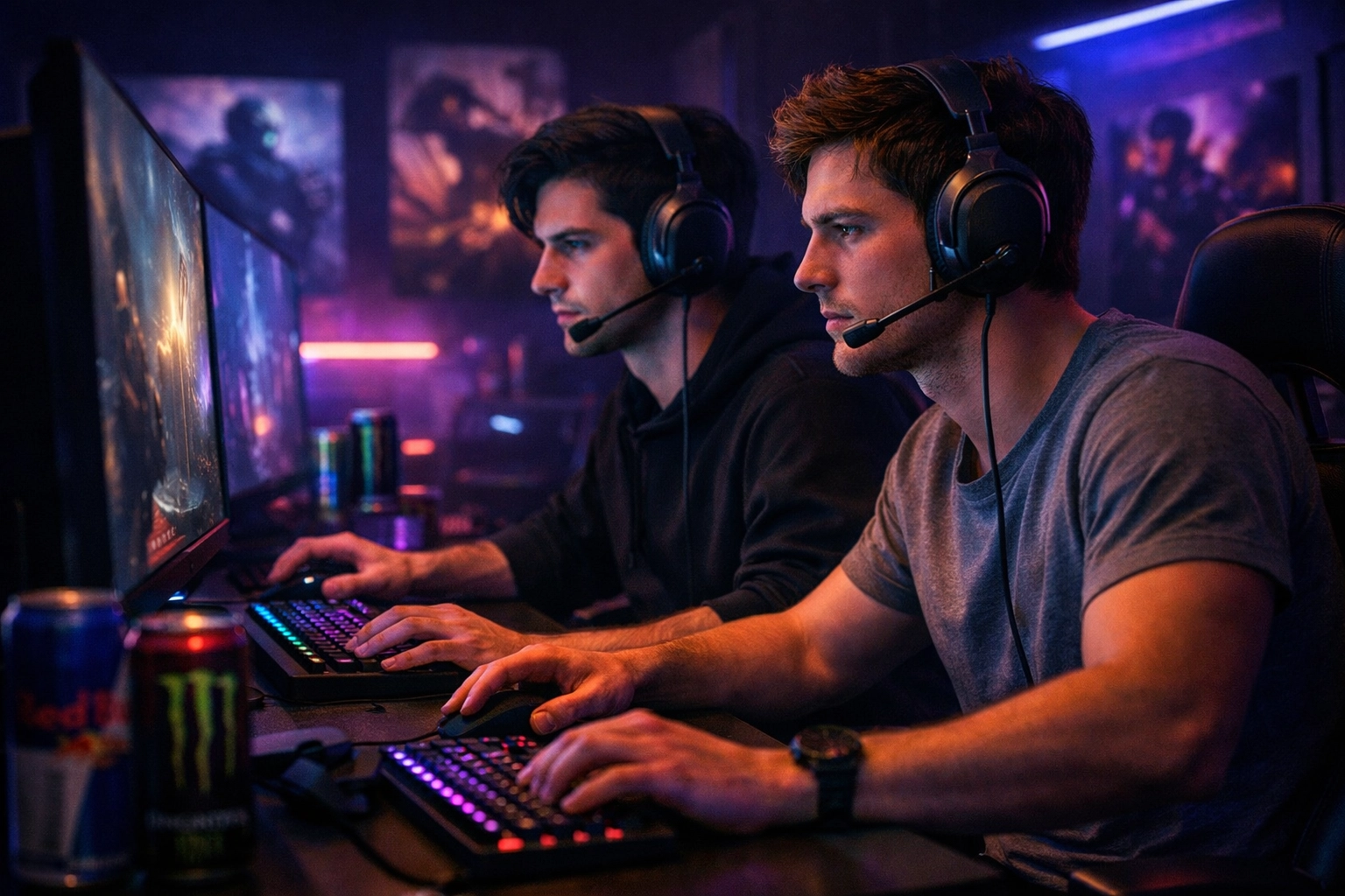 Two gay gamers focused on high-stakes raid battle in gaming room with glowing monitors
