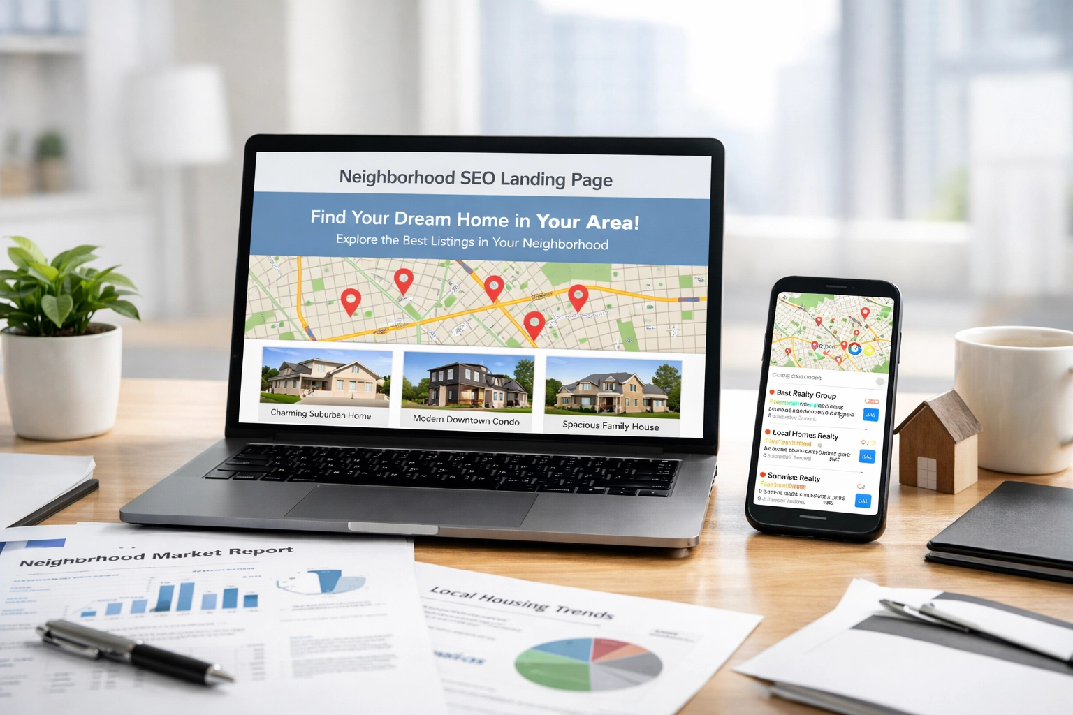 Real estate agent workspace with local SEO landing page and Google Maps business listings Real estate agent workspace with local SEO landing page and Google Maps business listings