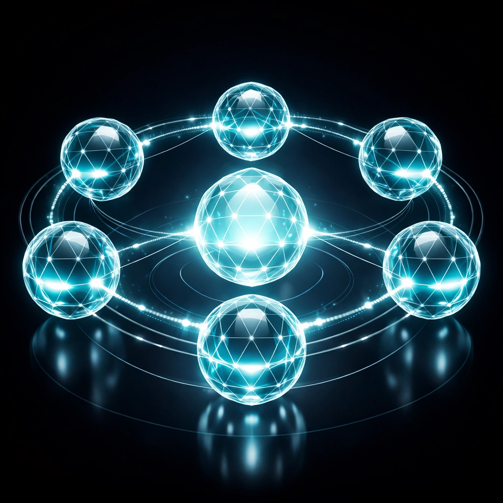 Synchronized multi-agent system showing a coordinator hub orchestrating a team of specialized AI agents.