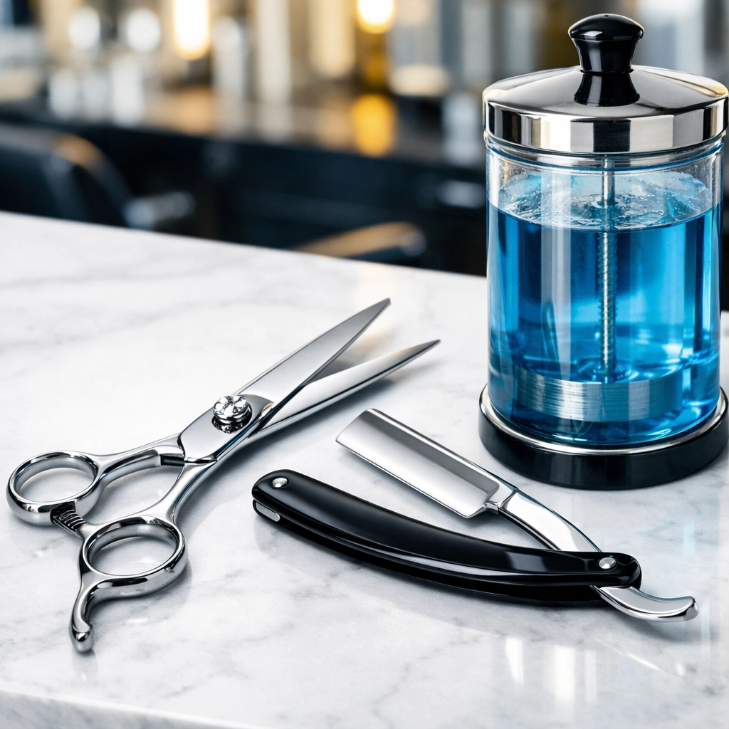 Disinfected salon shears and a straight razor next to a sterilization jar in a Dedham barbershop.