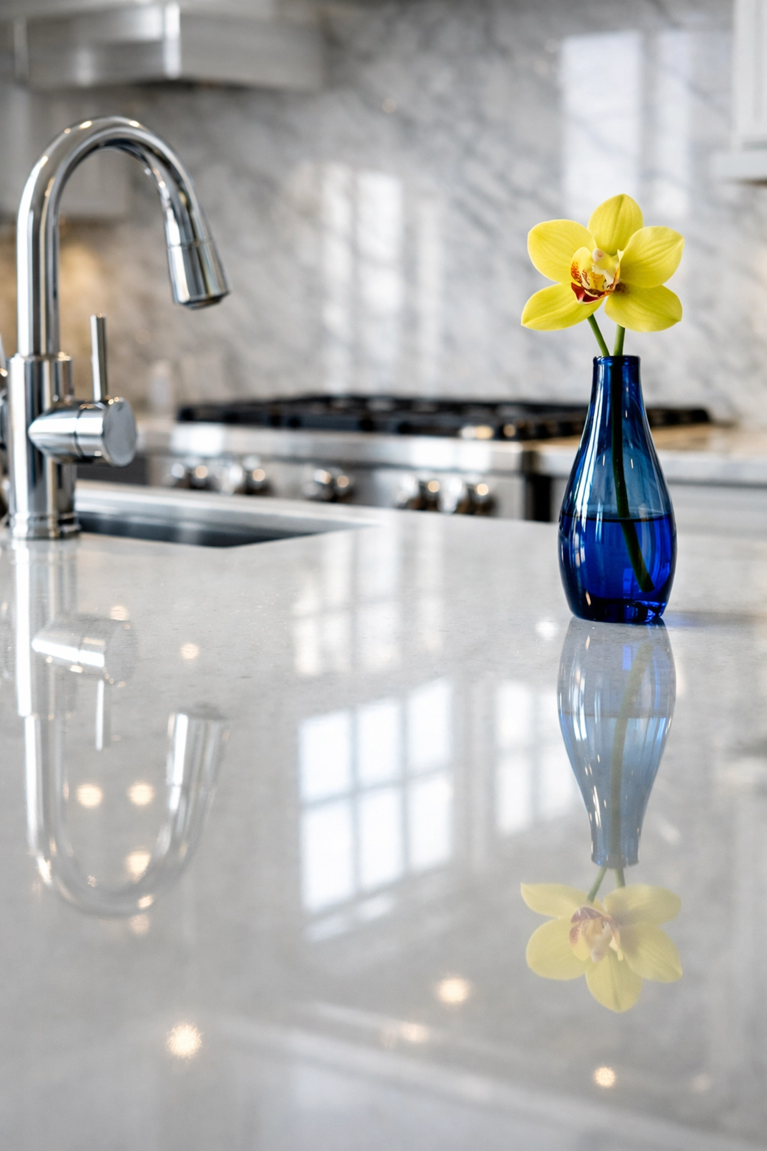 Streak-free luxury kitchen countertop and polished fixtures ready for real estate listing photography.