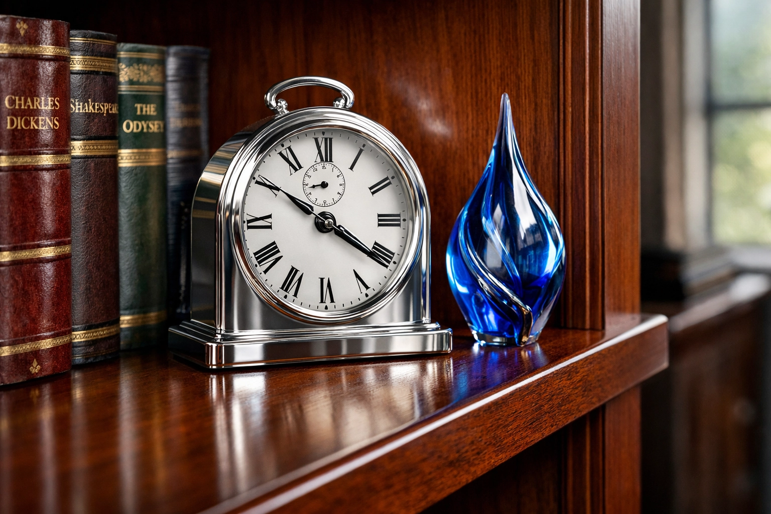 Dust-free mahogany bookshelf showing the high attention to detail provided by South Yarmouth maids.