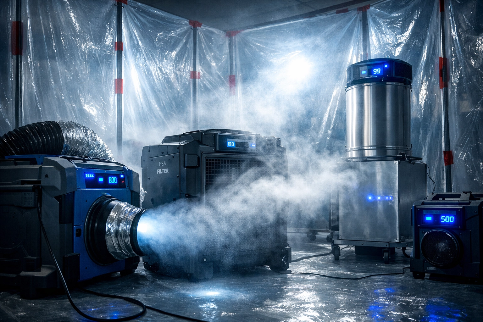 HEPA air scrubbers and filtration equipment used during professional mold remediation process