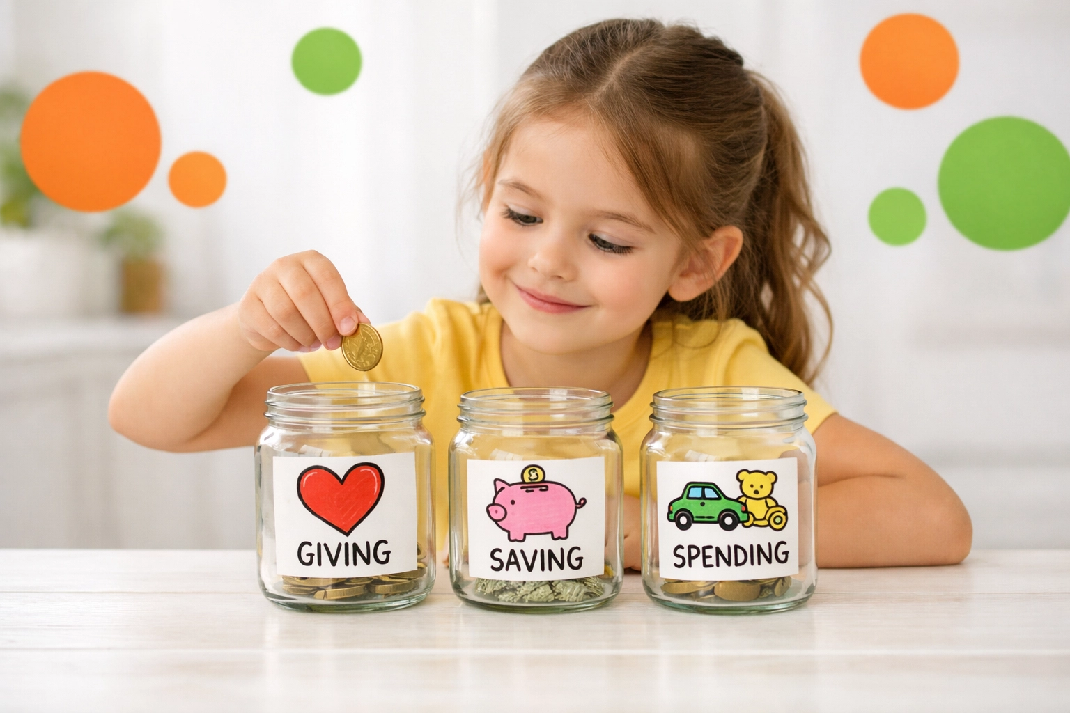 A child practicing financial literacy using three jars for giving, saving, and spending money.