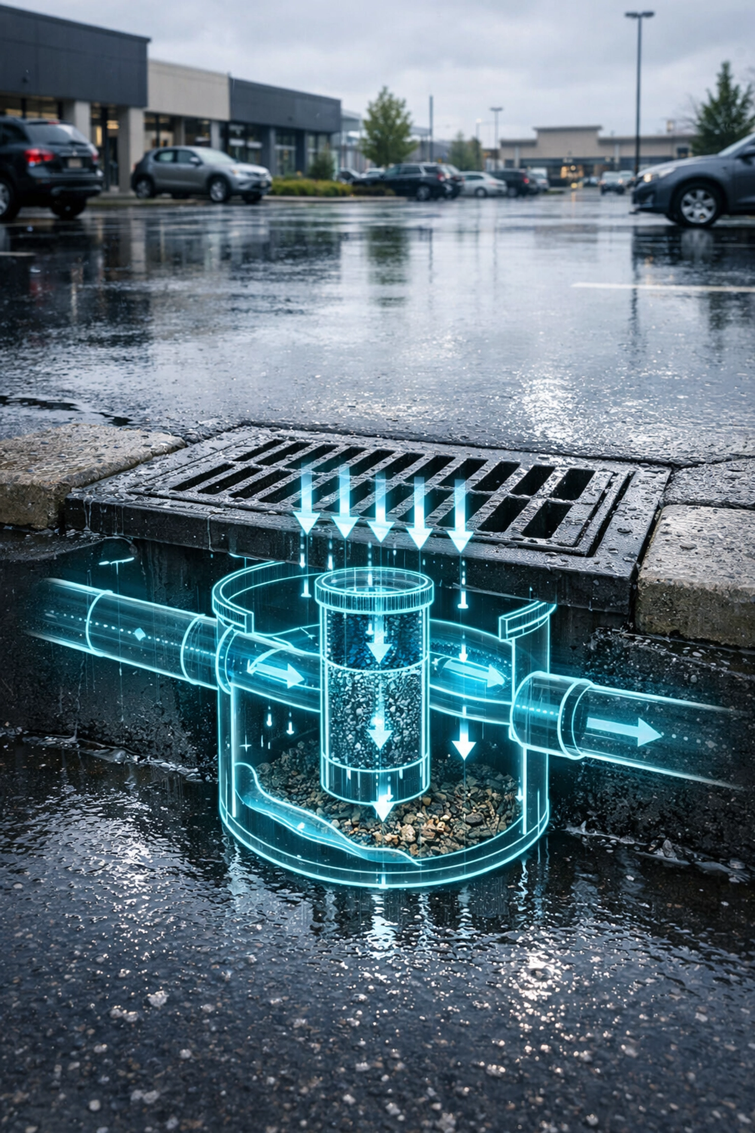 Industrial storm grate in an Ontario parking lot filtering runoff to meet MECP water quality standards.