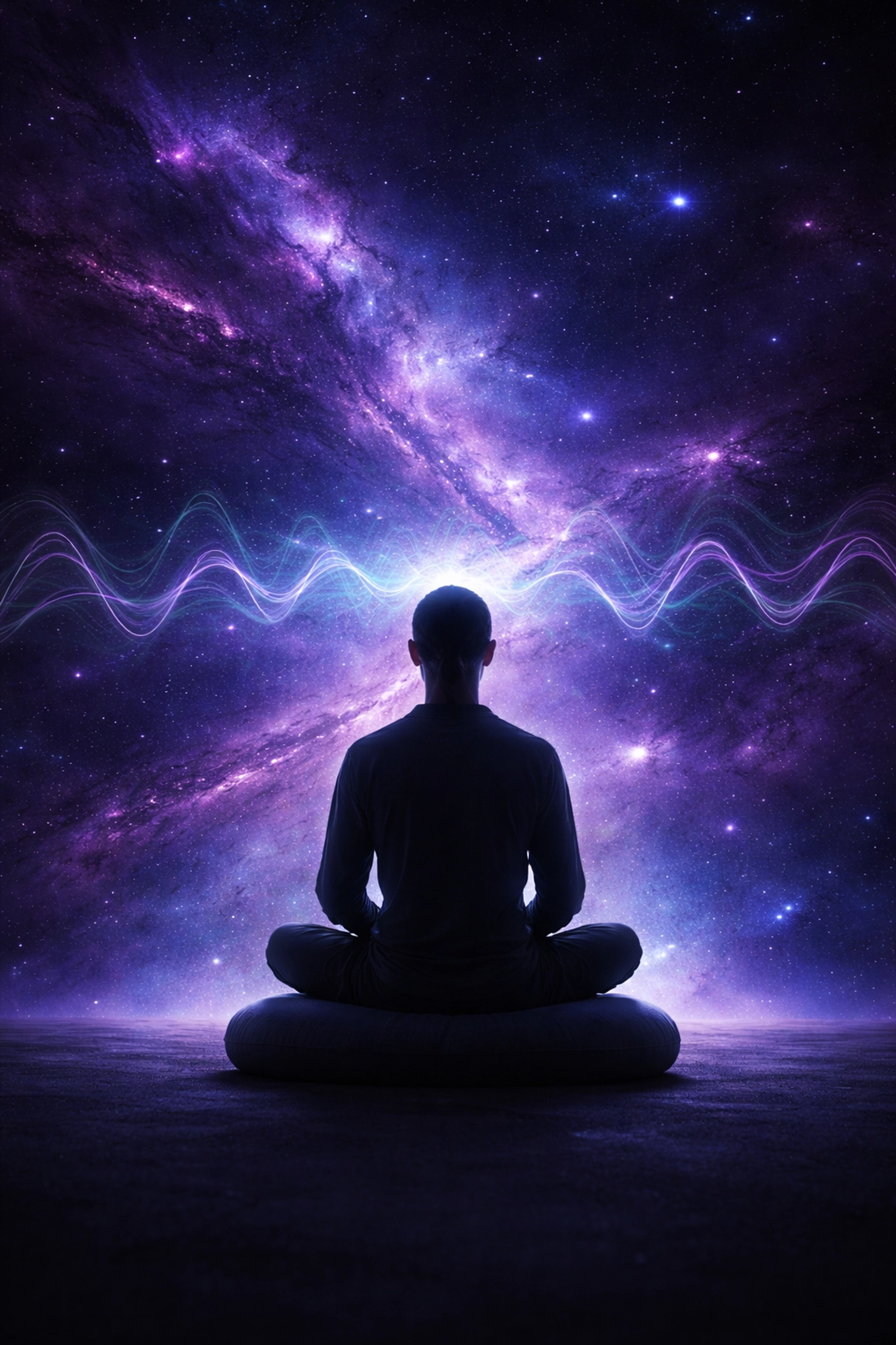Person meditating with cosmic theta wave patterns, representing subconscious mind access through sound healing.