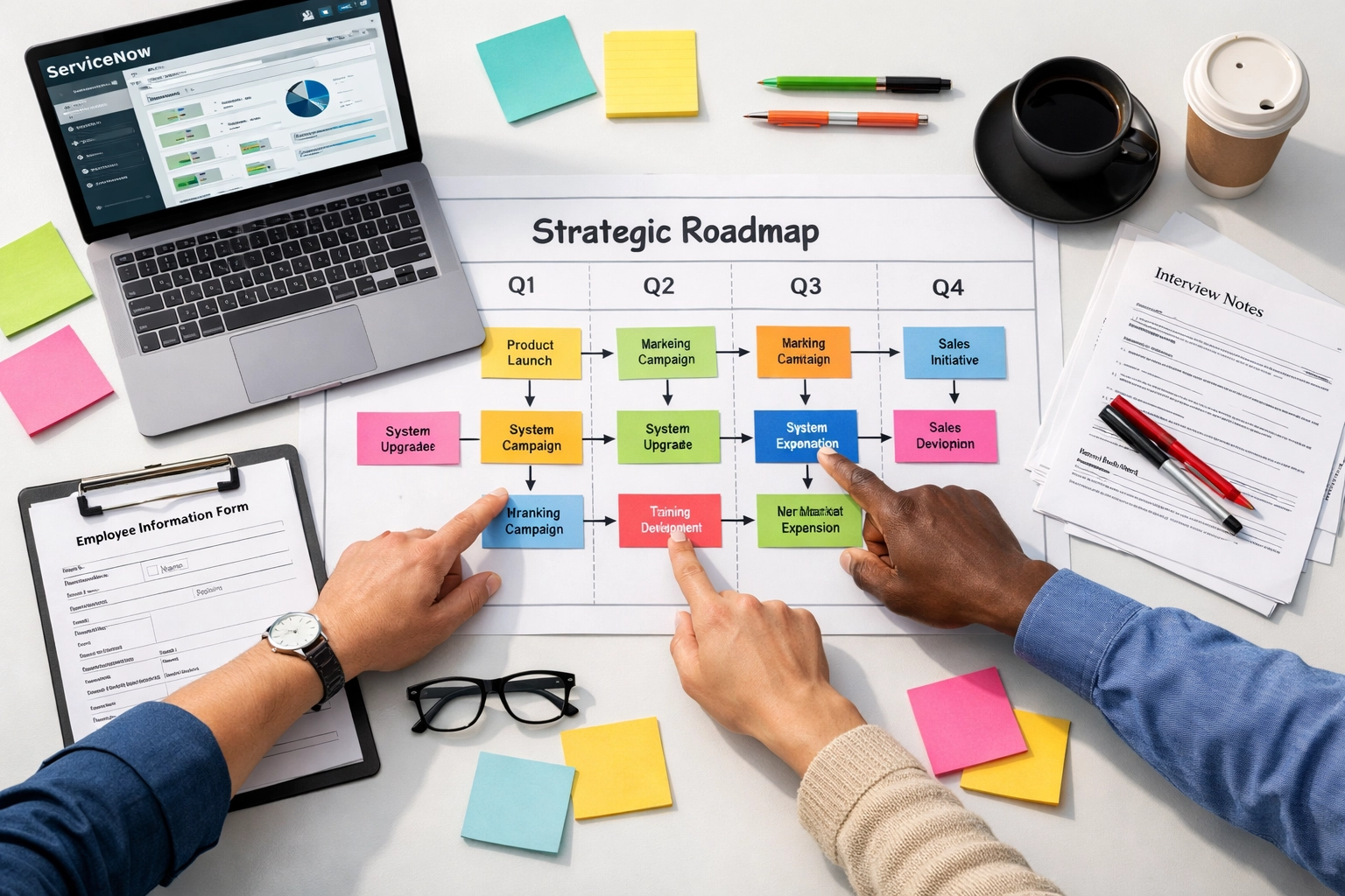 Cross-departmental stakeholder alignment meeting for ServiceNow ITSM implementation planning