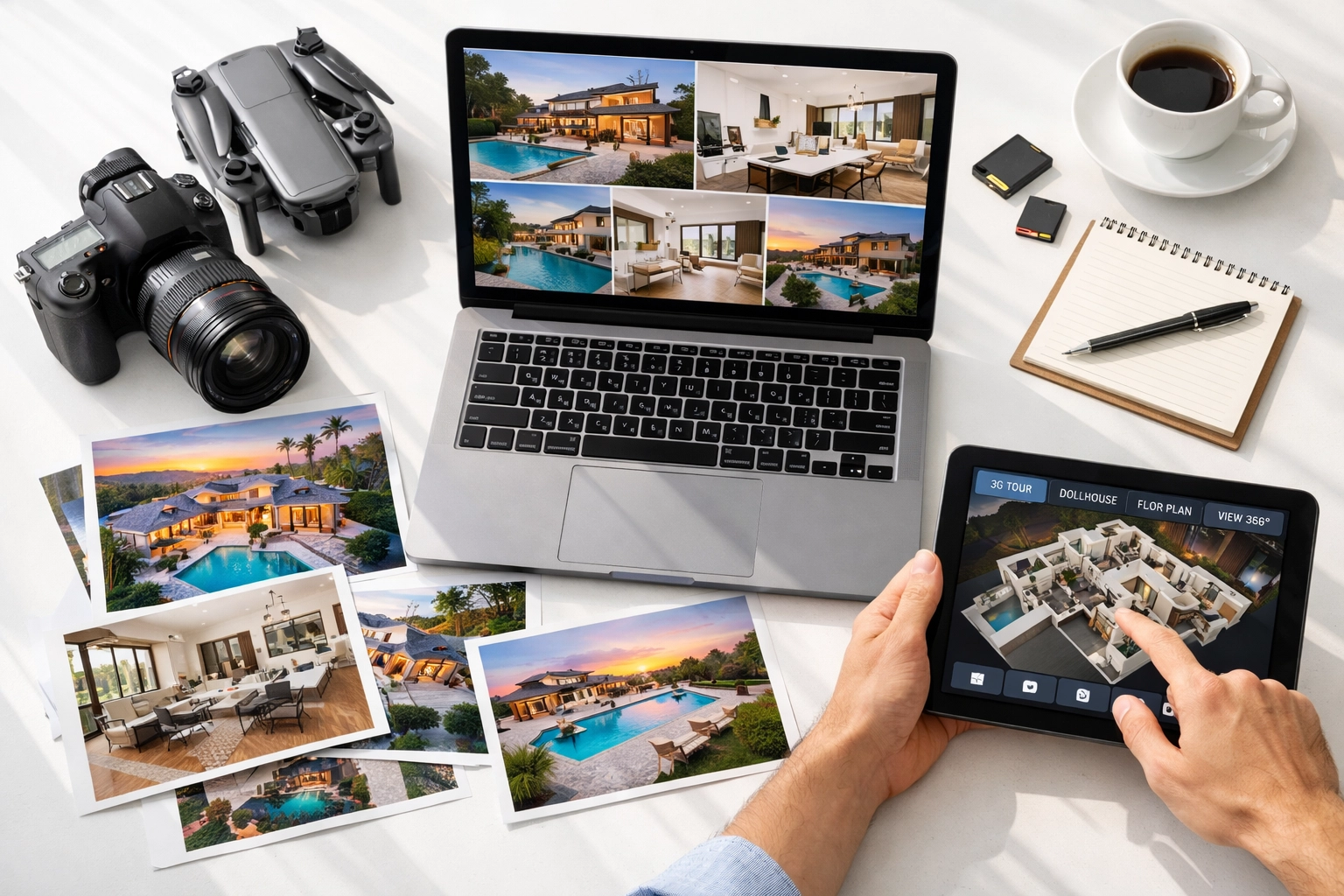 Real estate marketing workspace with camera, drone equipment, and multiple listing photos on display