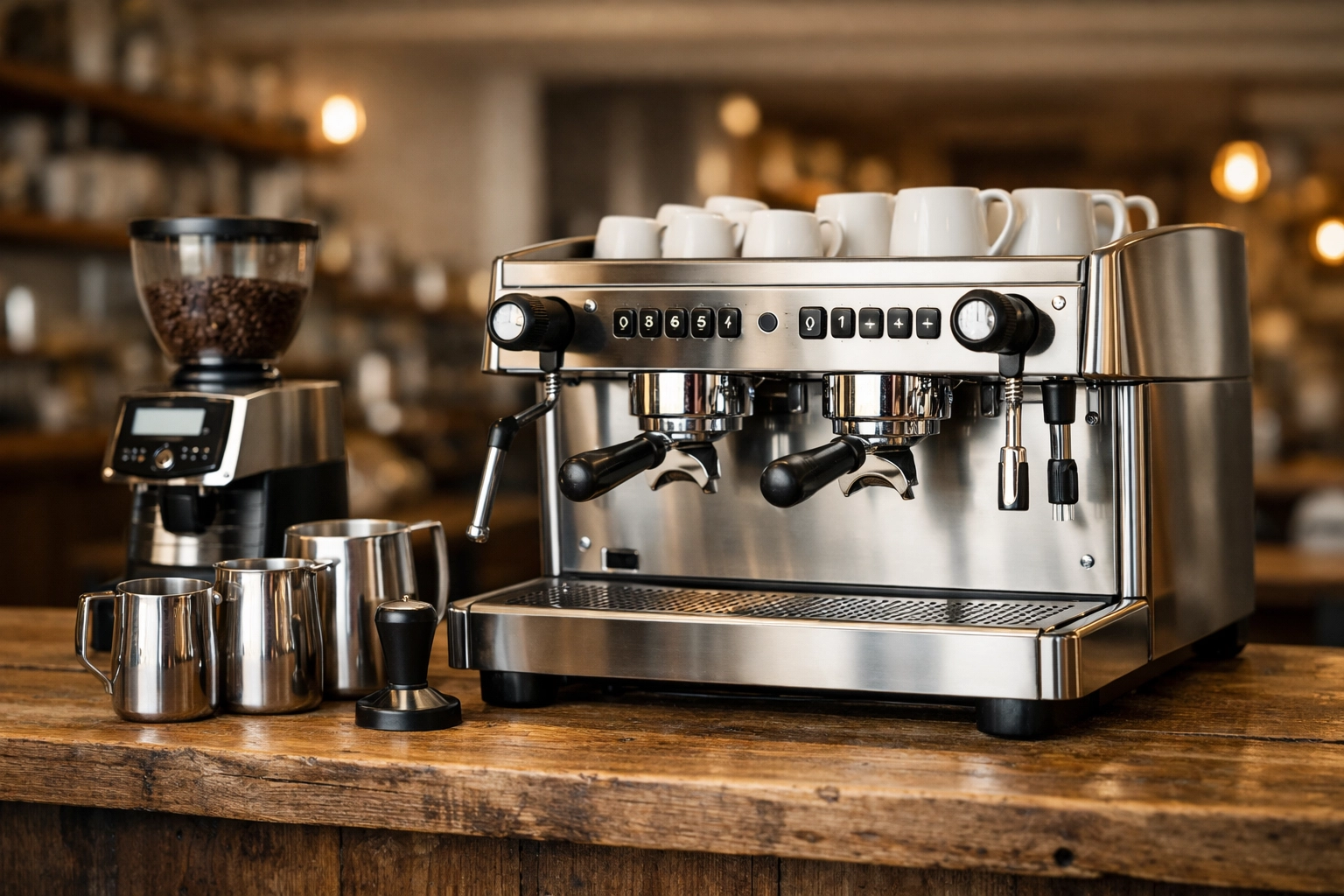 Commercial espresso machine and coffee grinder on a wooden counter showcasing efficient café layout.