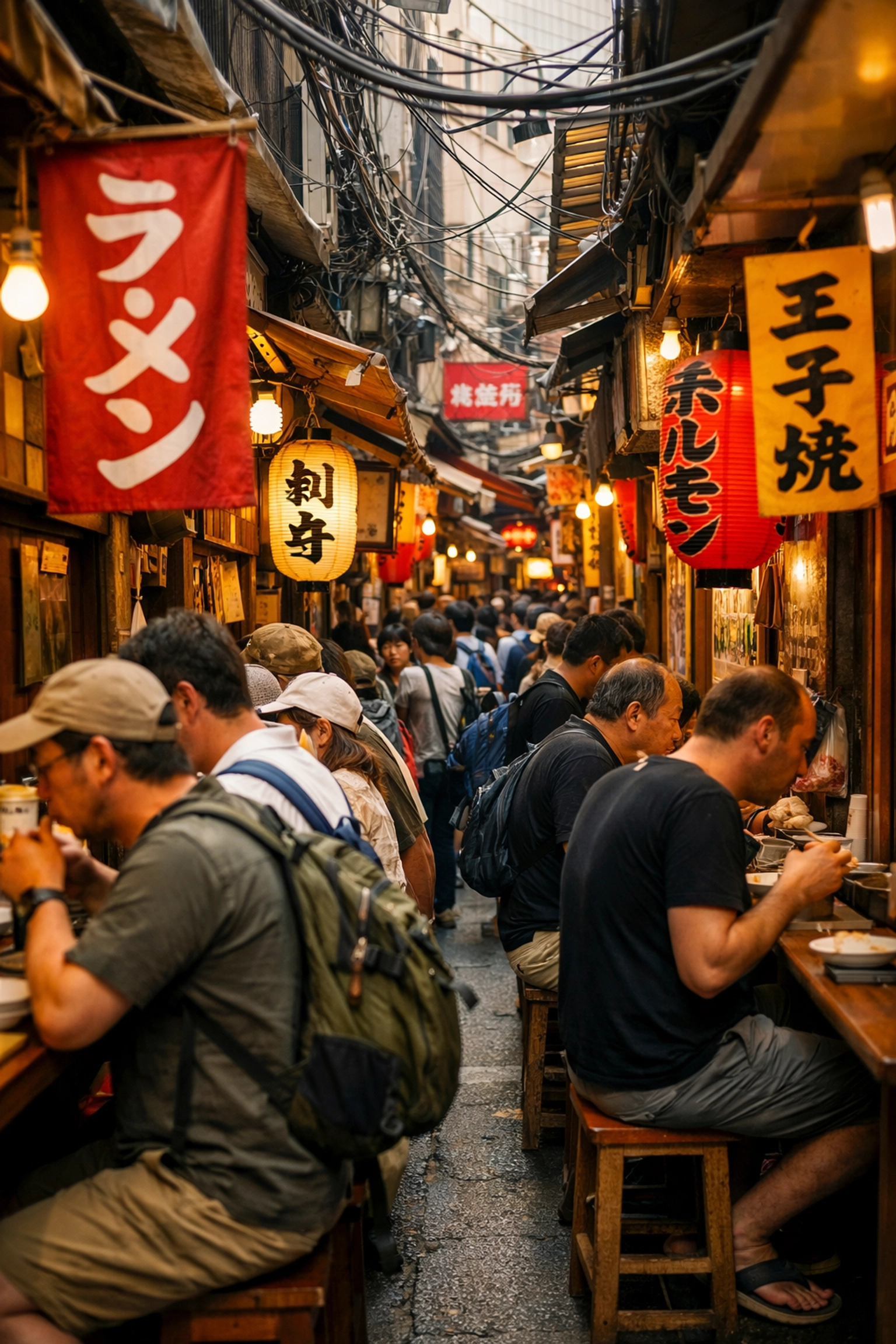 Crowded street food alleyway at Tsukiji Outer Market, a top photography location for Tokyo visitors.
