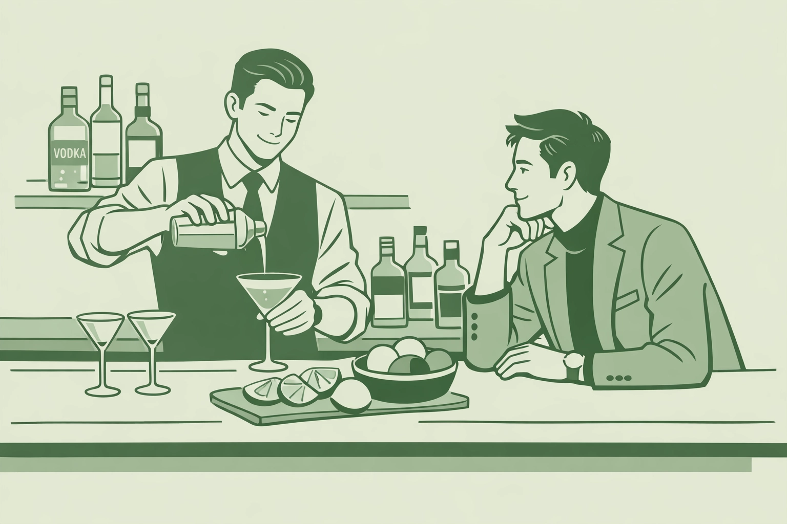 Bartender crafting Cosmopolitan cocktail at 1980s Manhattan gay bar