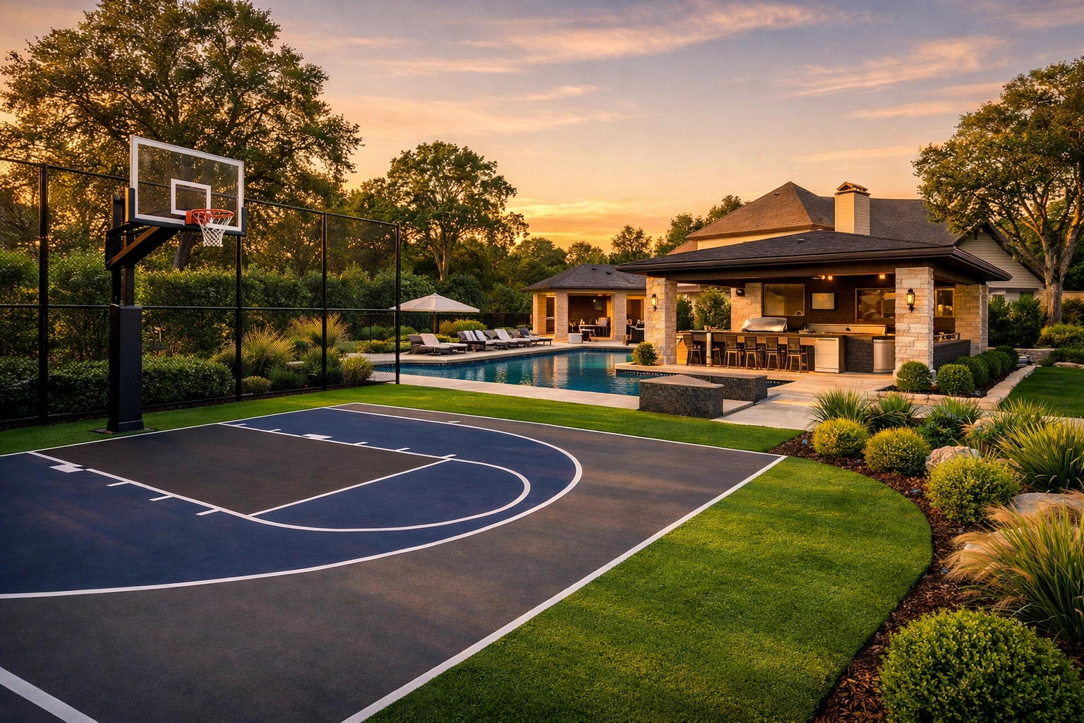 Luxury multi-sport court integrated with a backyard pool and outdoor kitchen in a Houston estate.