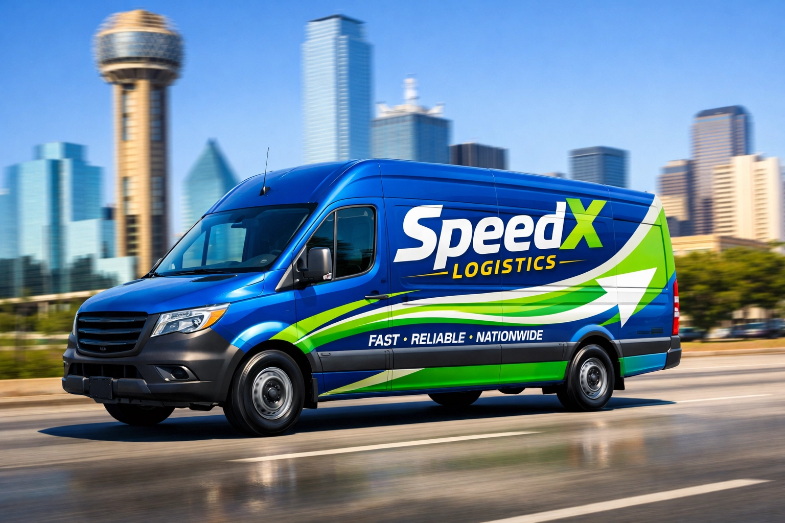 Full-body commercial vinyl wrap on a delivery van driving through downtown Dallas.