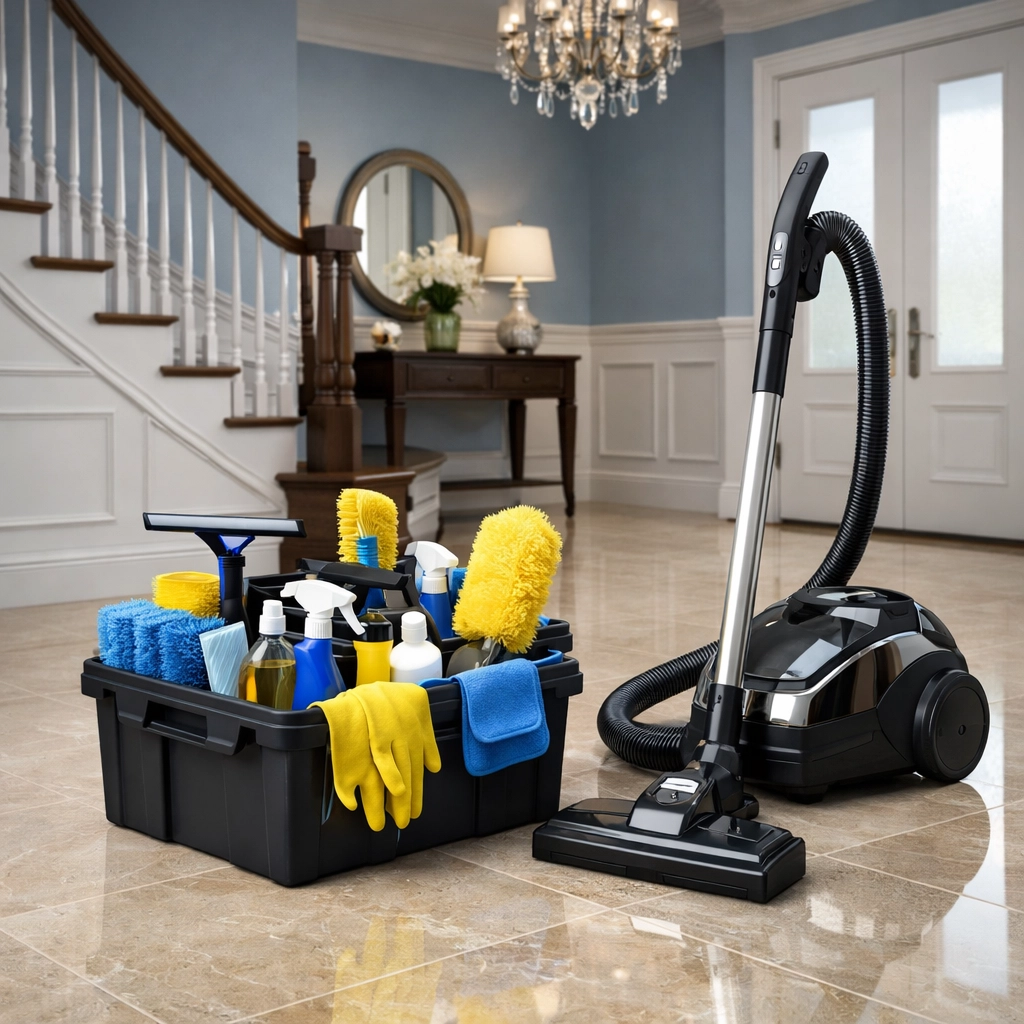 Professional house cleaning Pepperell MA equipment and supply caddy ready for a ninja-level home clean.