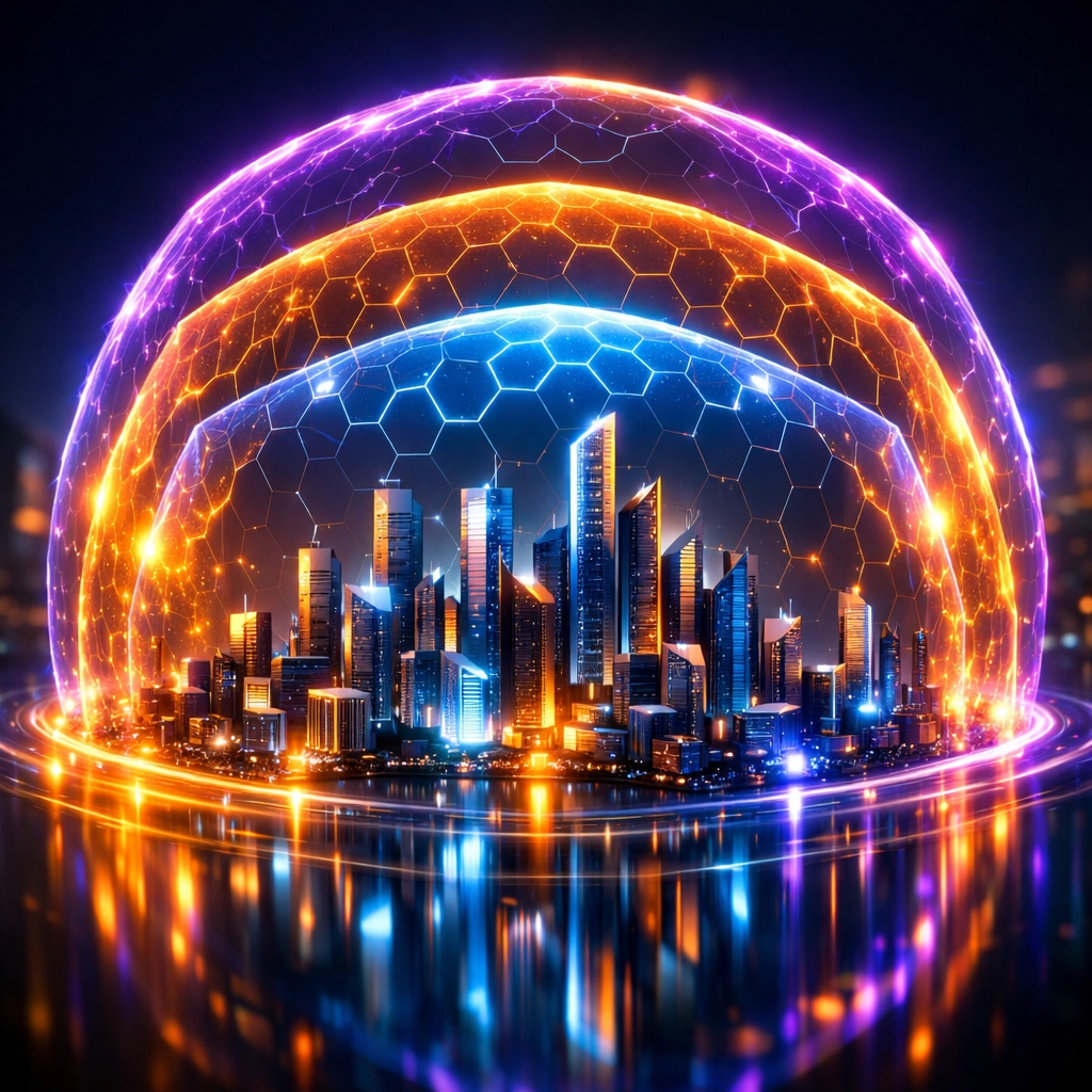A protective digital shield over a cityscape symbolizing round-the-clock business data security