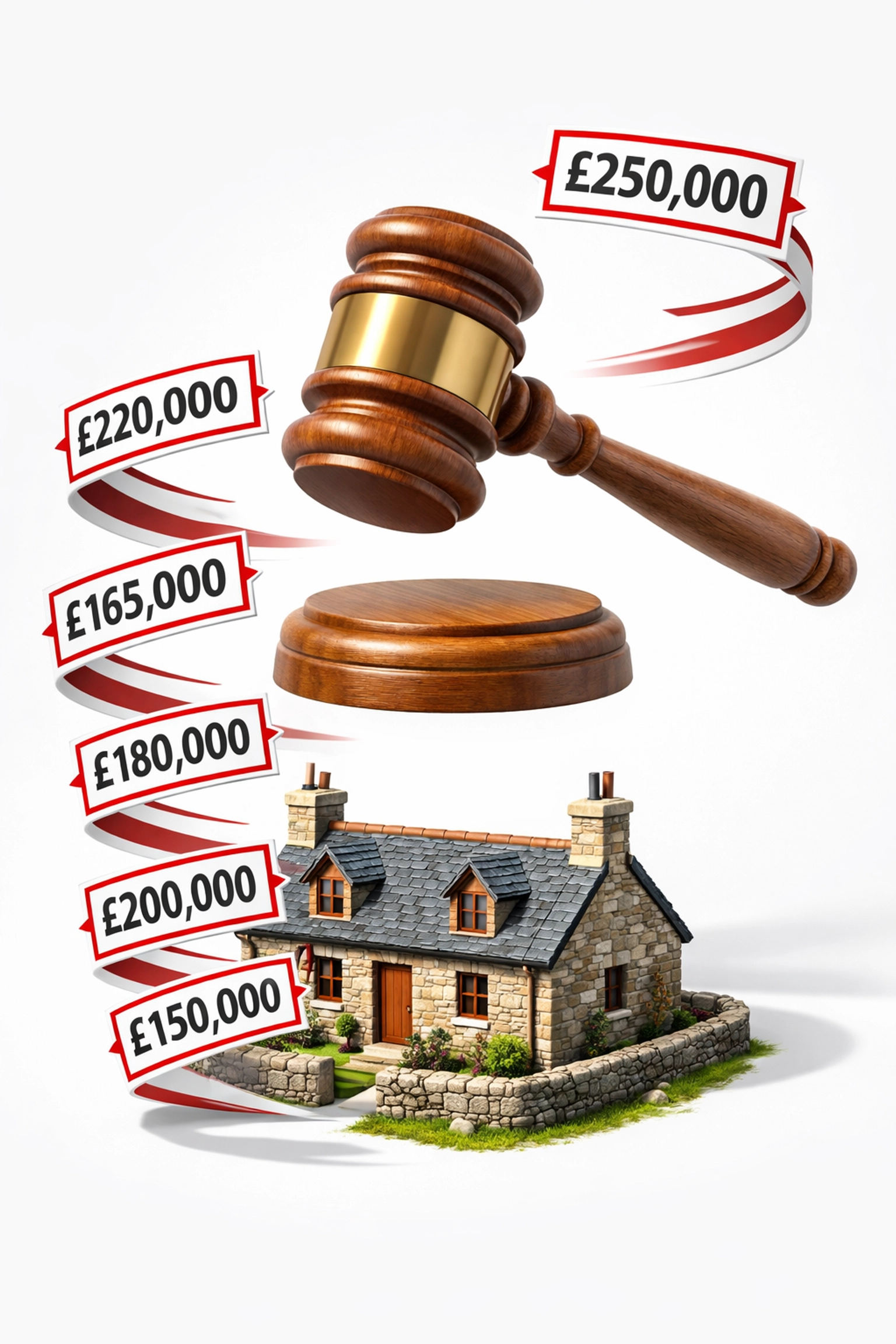 Scottish property offers over pricing system illustrated with auction gavel and cottage