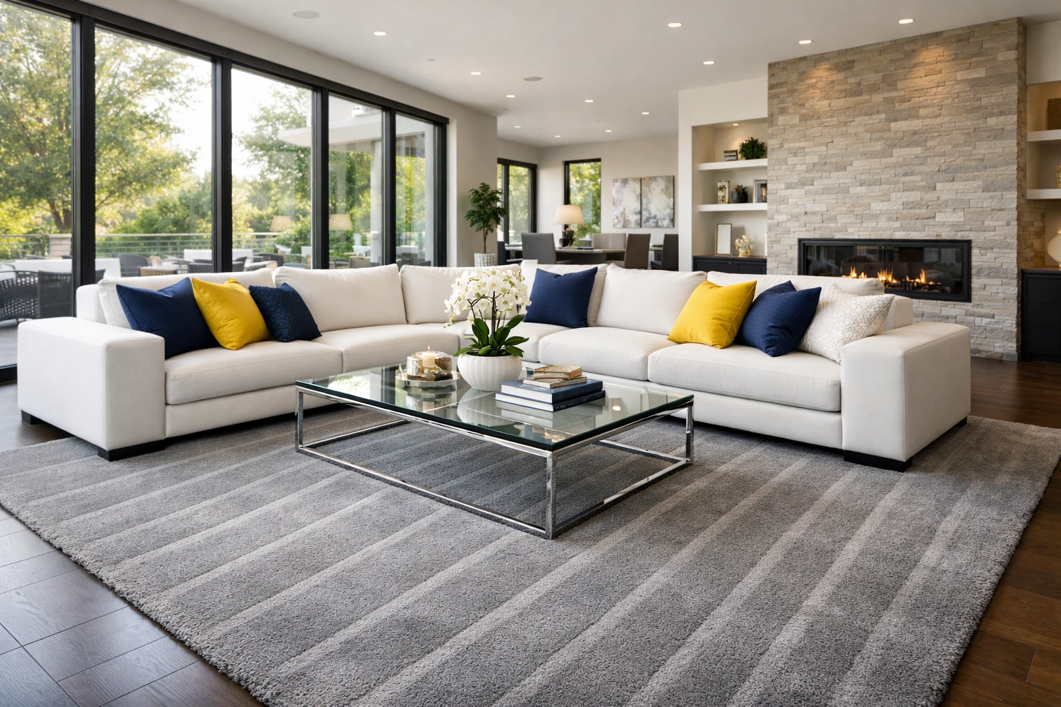 Professionally cleaned living room with visible vacuum lines on a plush area rug.