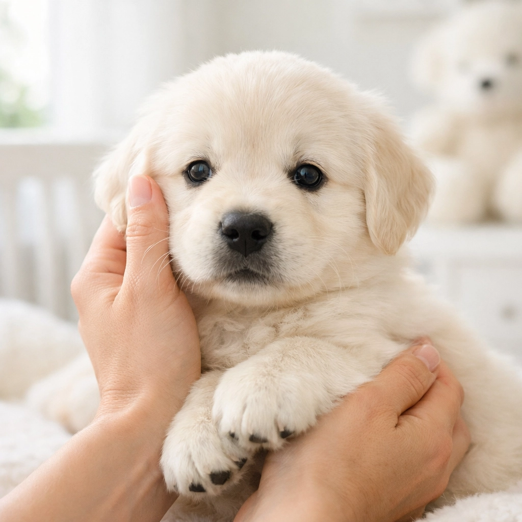 Golden Retriever puppy being held showing early socialization and bonding at NextGen Goldens Oregon