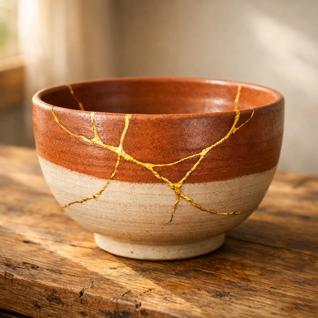 Kintsugi ceramic bowl repaired with gold, symbolizing the beauty of healing wounds and embracing vulnerability.