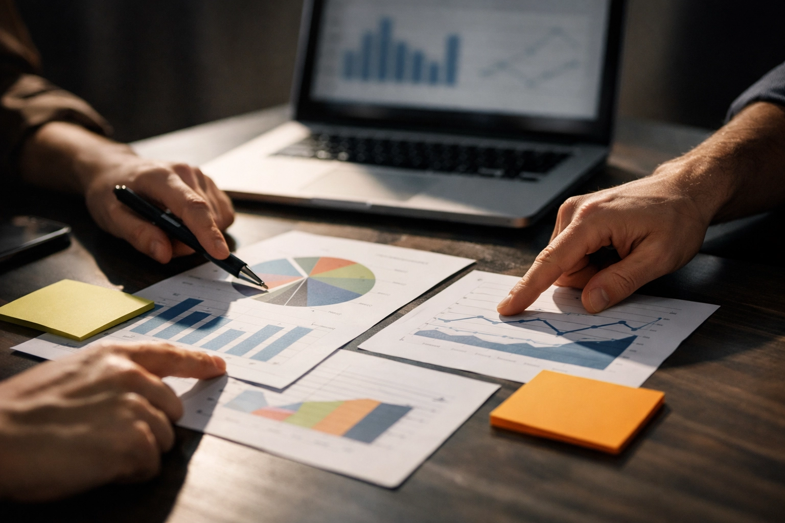 Hands pointing to a marketing plan and KPI dashboard during a strategy session