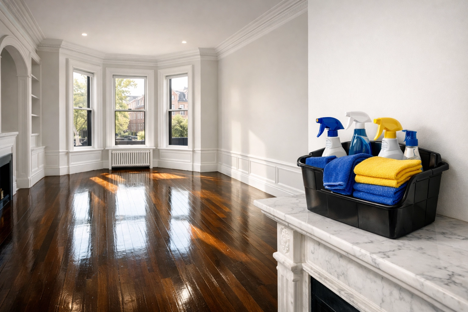 Pristine Boston apartment turnover in a South End brownstone with polished floors and professional cleaning supplies.