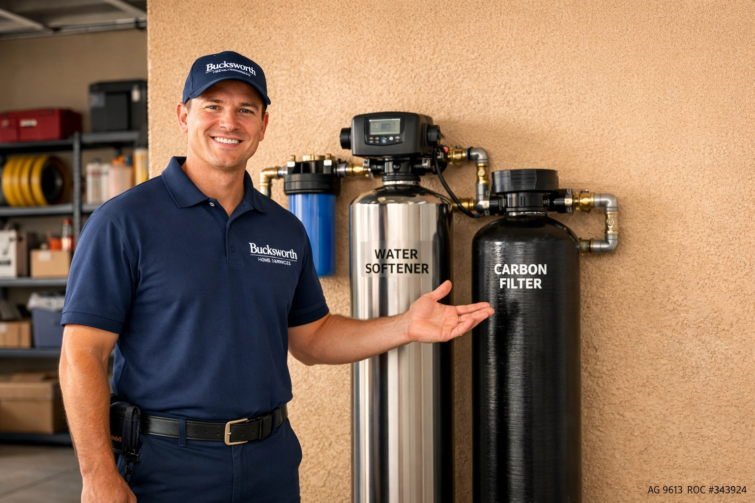 Bucksworth Home Services technician showcasing a whole-home water filtration system for a Tempe home.