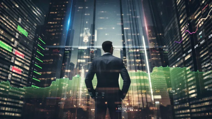 A business professional overlooks digital financial graphs and energy market data