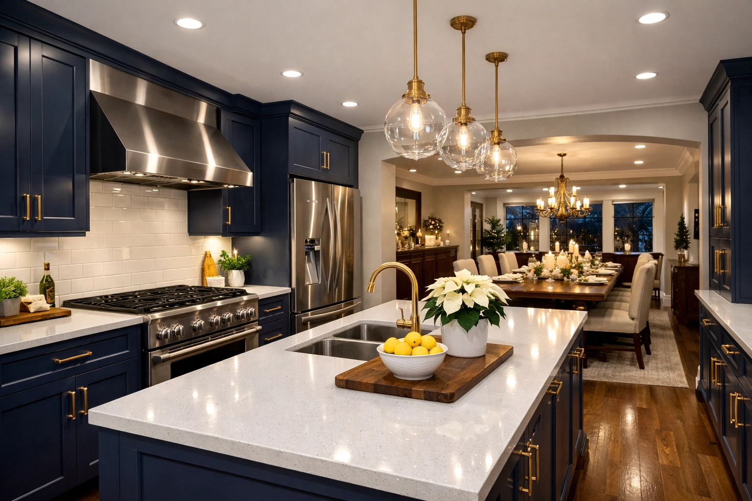 Deep cleaned gourmet kitchen and dining area in a Lunenburg home ready for holiday hosting.