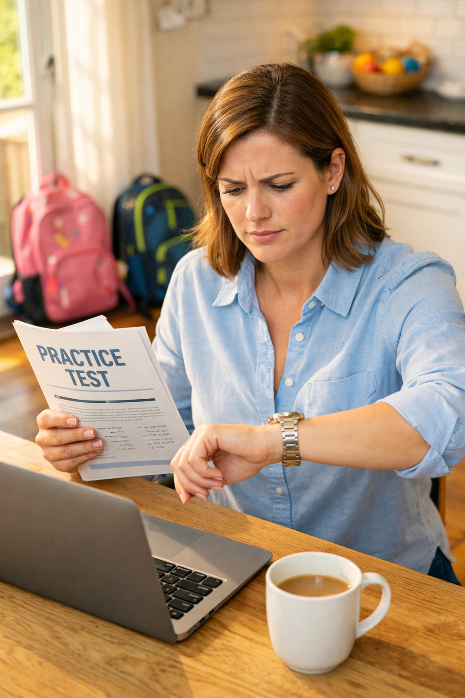 Busy parent studying CLEP practice test at home while managing time