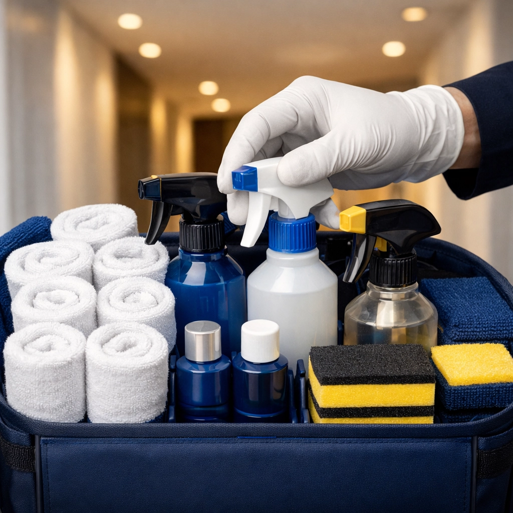 Professional Apartment Cleaning Boston supplies and organized caddy used by The Cleaning Ninjas Inc team.