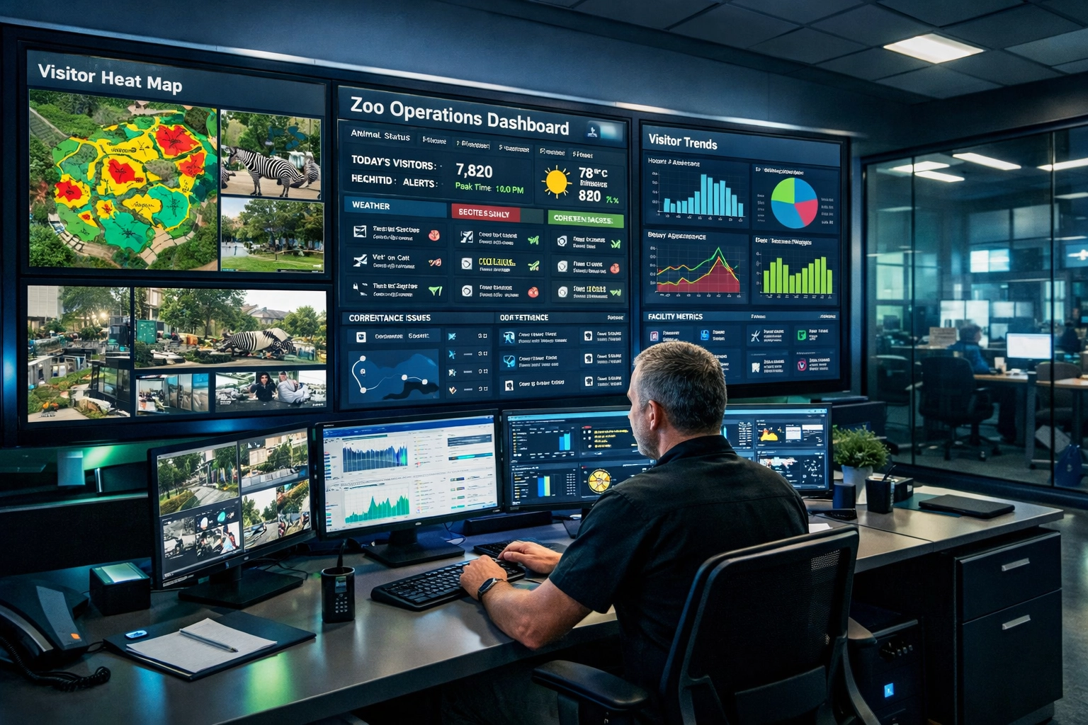 Zoo operations control room showing real-time visitor data and analytics dashboards