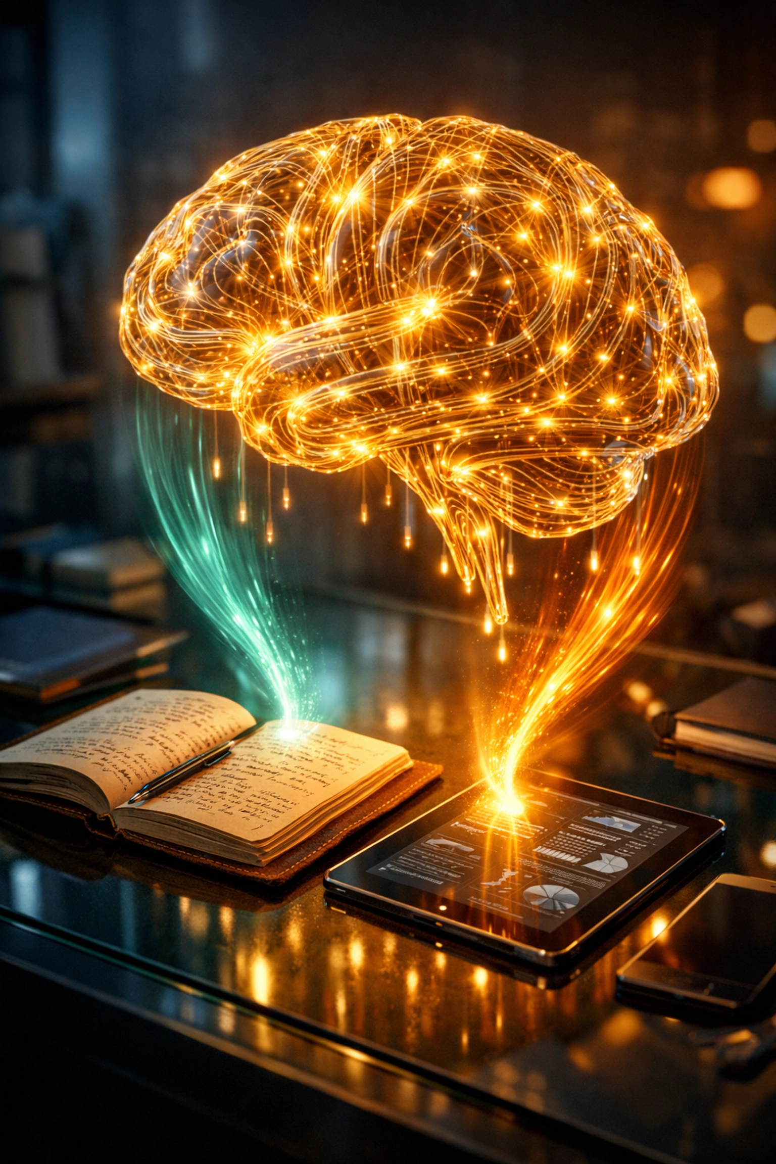 A digital brain connecting to handwritten journals, illustrating human experience for AI search.