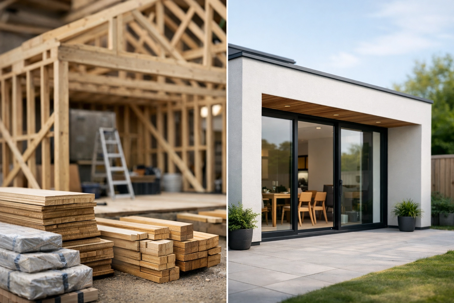 Construction site progressing to completed modern residential extension with glass doors