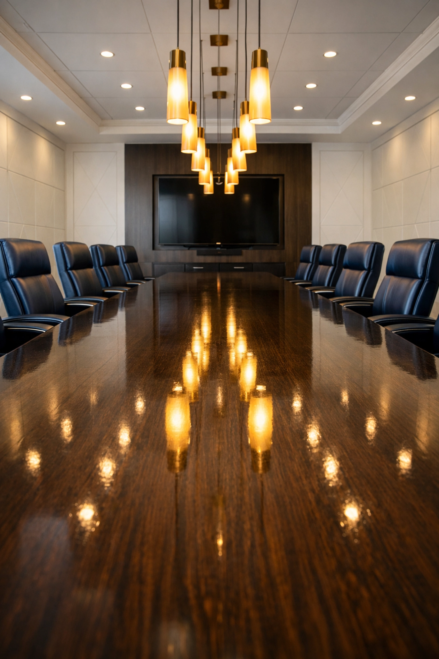 Immaculate Burlington boardroom with polished oak table, showing expert commercial maintenance for local businesses.