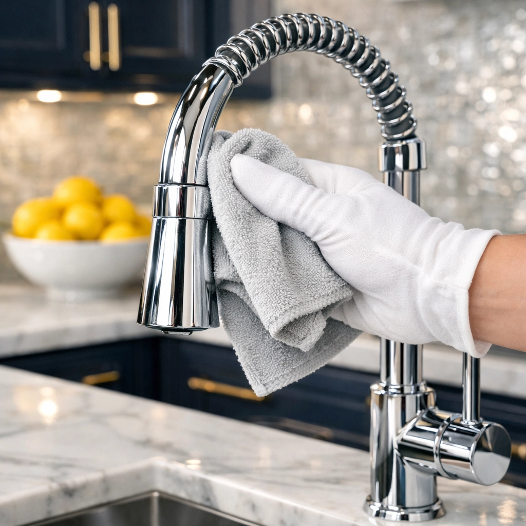 A professional cleaner polishing a marble kitchen counter, showcasing expert house cleaning services MA.