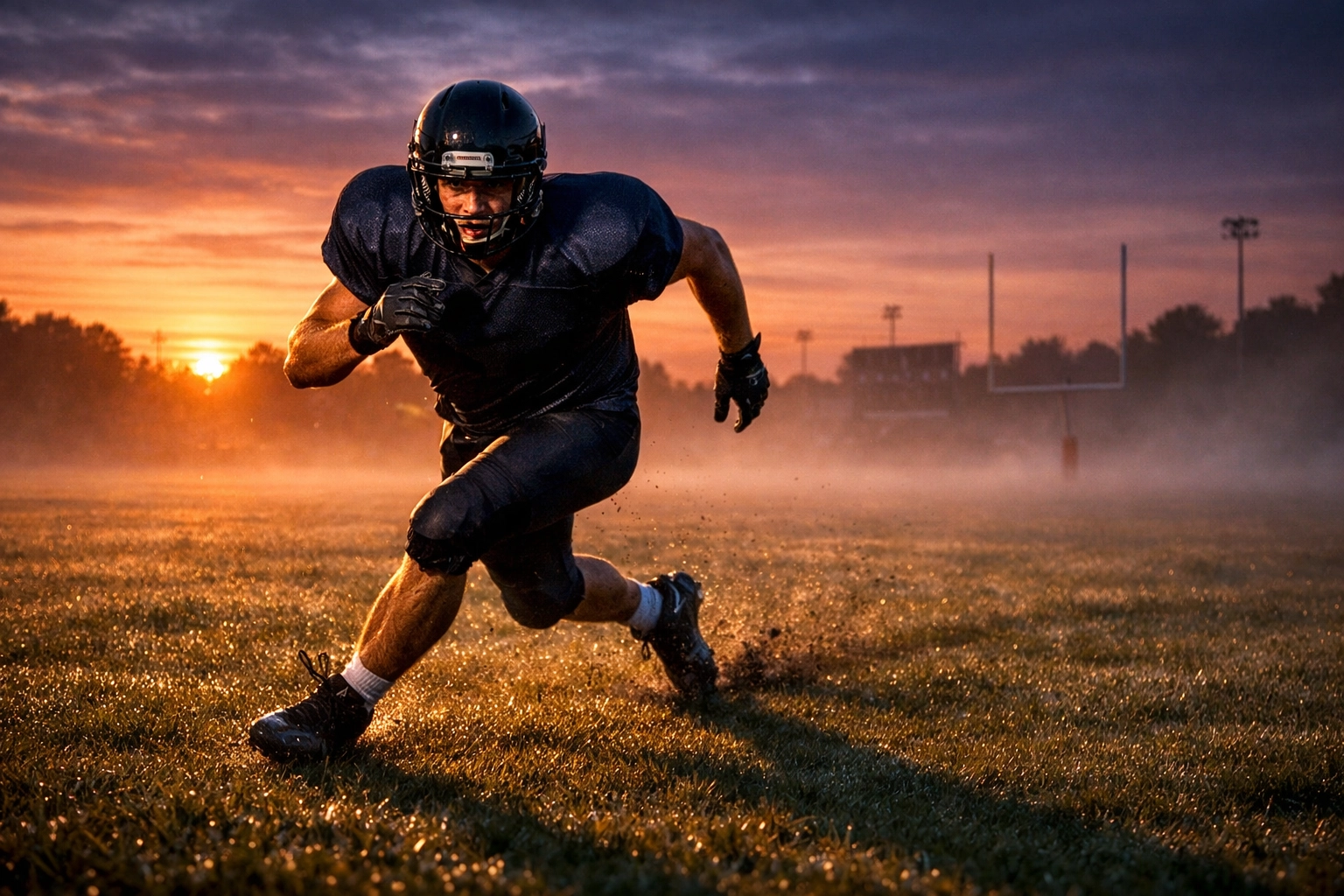 High school athlete training at dawn on a football field to build elite performance and NIL brand value.
