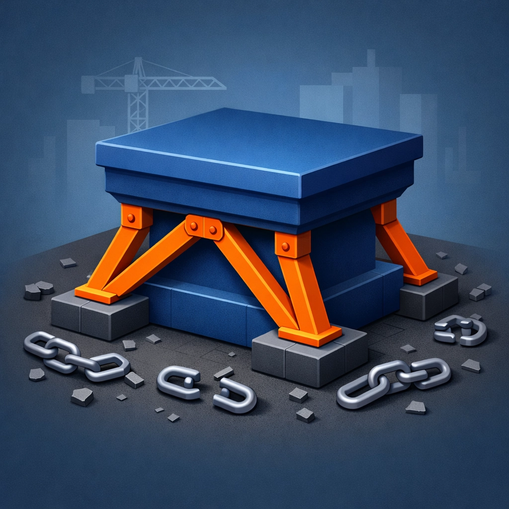 Graphic showing a solid foundation and broken chains, representing the cost benefits of custom software investment.