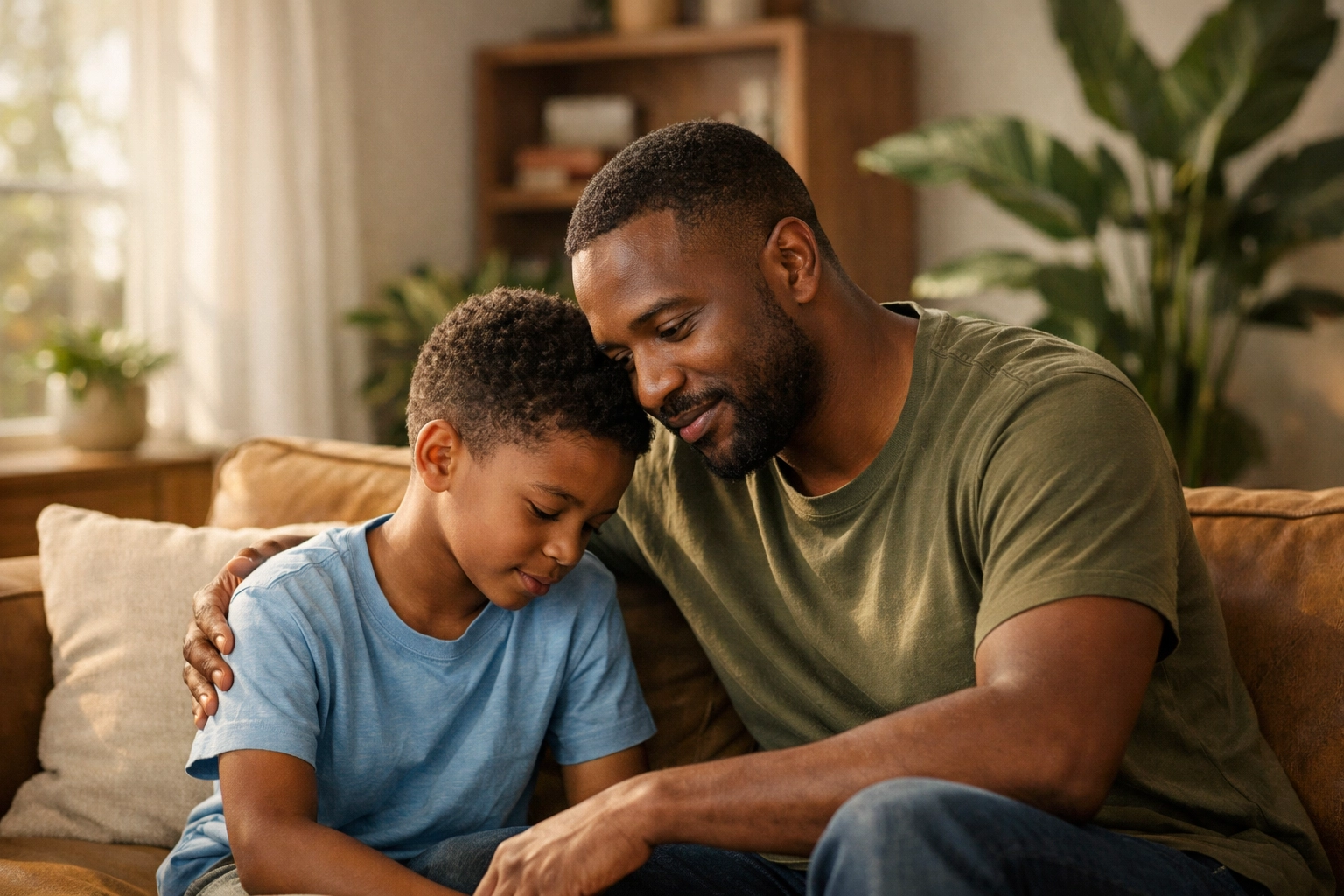 A Black father and son sharing a moment of emotional safety to address RBTS and family mental health.