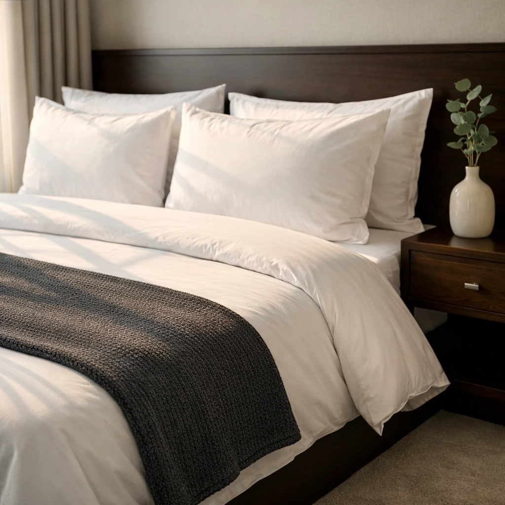 Professionally cleaned luxury rental bedroom in Vancouver with pristine white linens and hotel-grade bedding.
