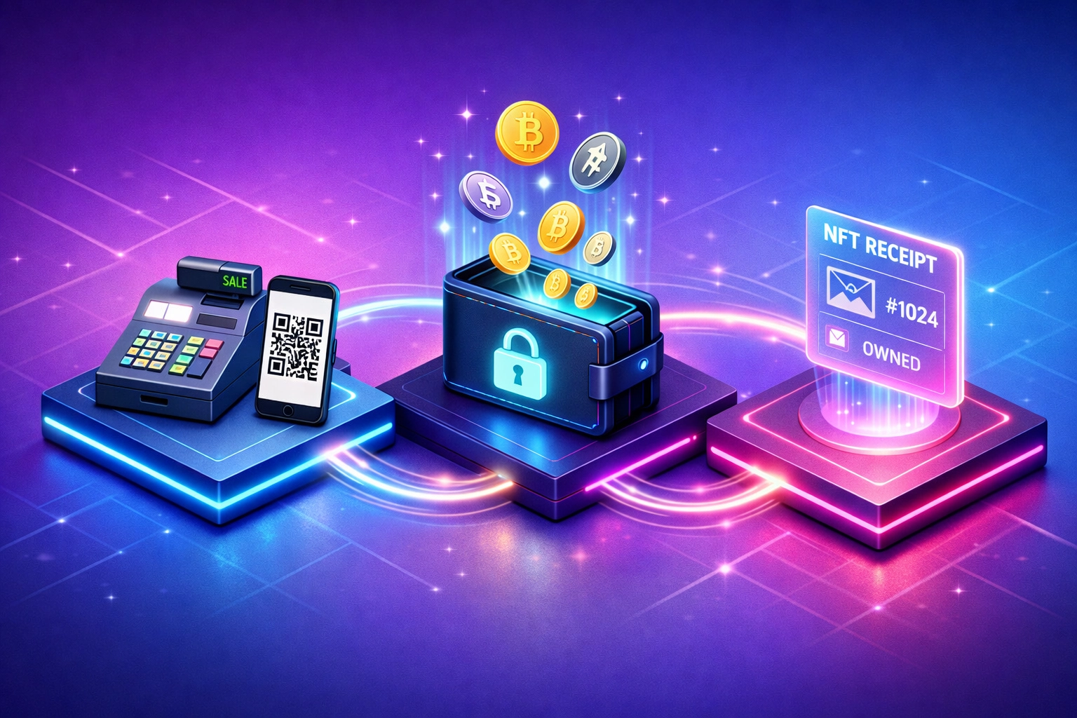 Crypto POS system showing QR code payment flow to self-custody wallet with NFT receipt