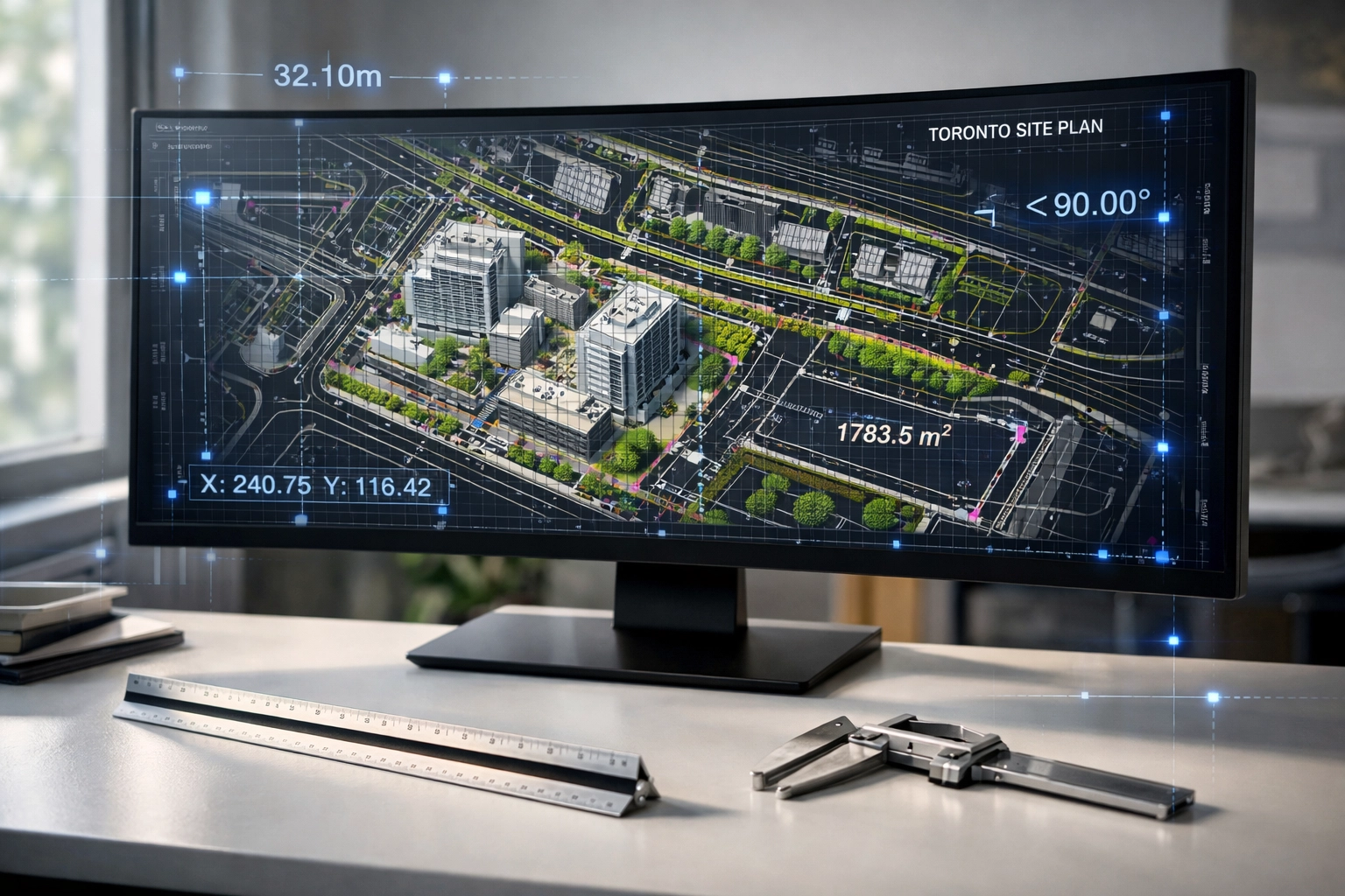 Accurate CAD site plan on a monitor with architectural tools, ensuring precision for building permit drawings.