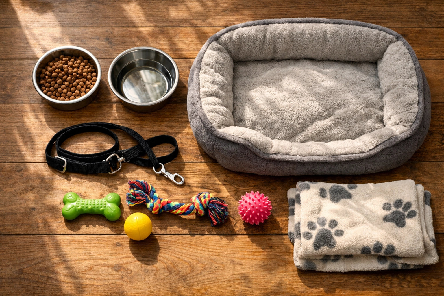 Dog fostering supplies including bowls, bed, leash, and toys