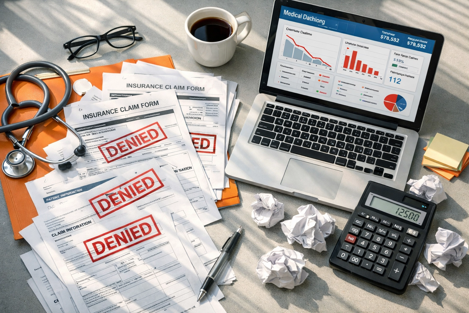 Medical billing desk with denied insurance claims and declining revenue graphs showing practice financial challenges