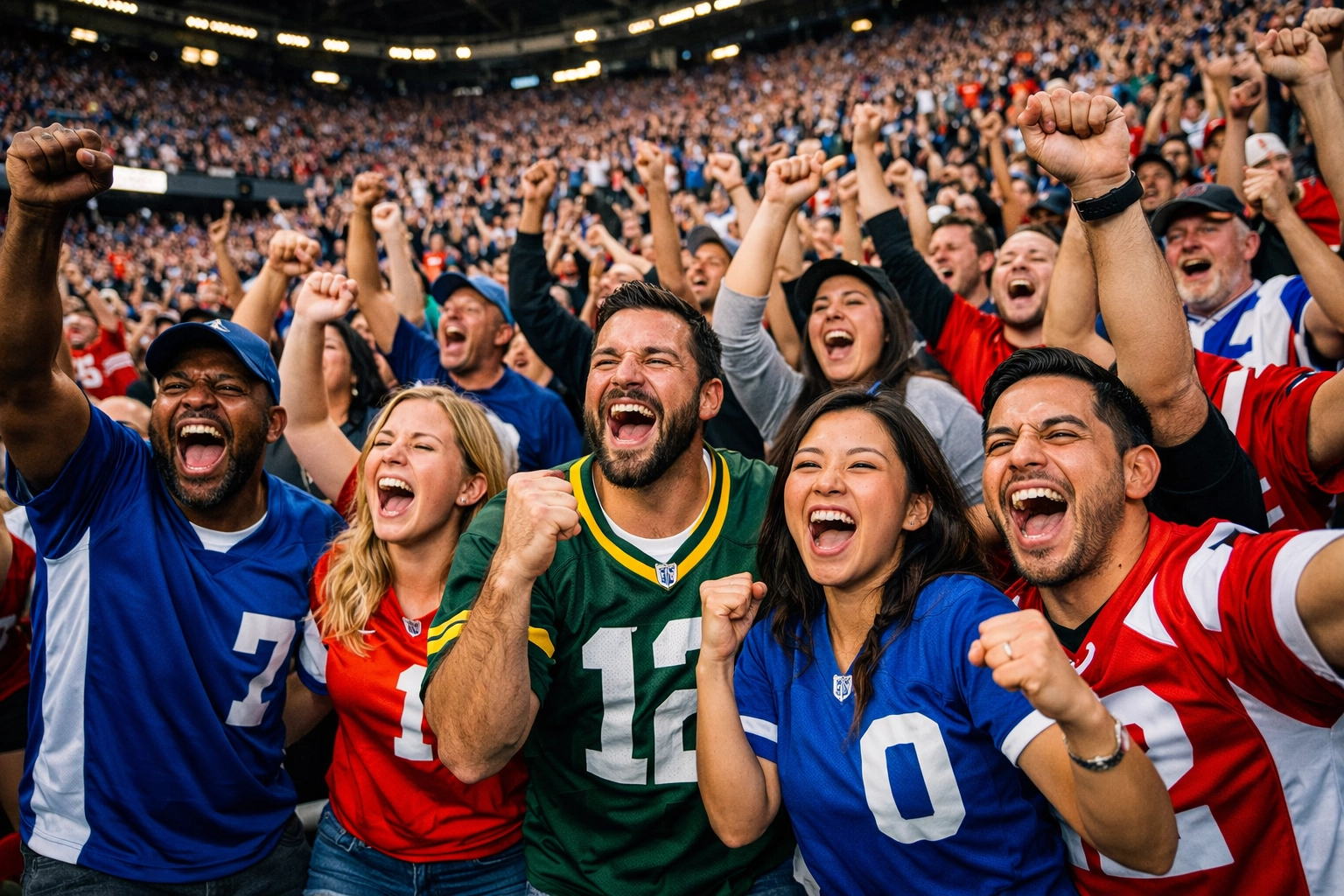Diverse Super Bowl fans celebrating together in stadium, creating shared experience and community