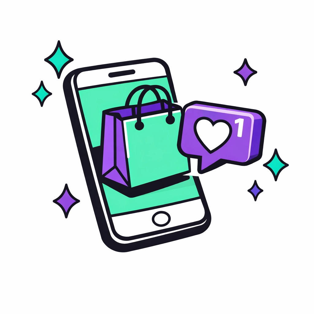 Minimalist graphic showing shoppable video features and social media engagement on a smartphone.