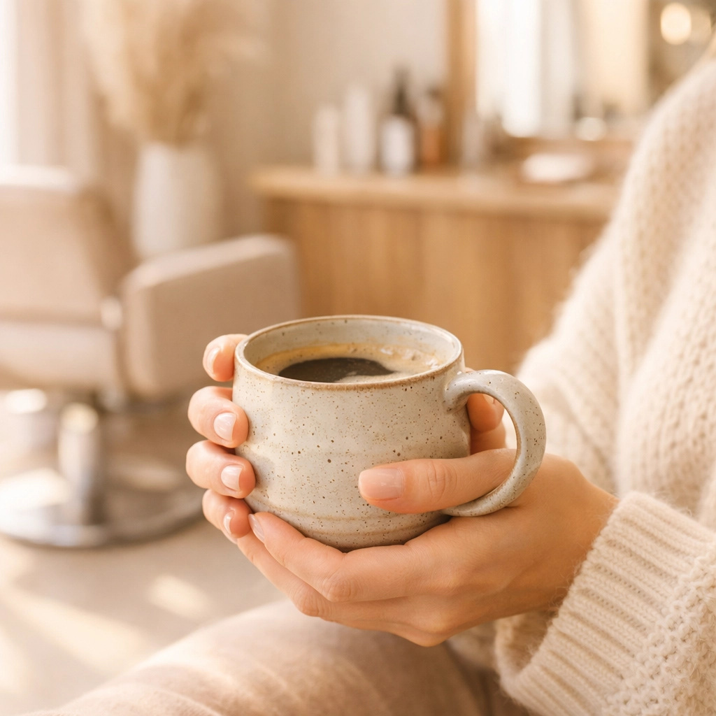 A relaxed woman in a salon holding coffee, representing the freedom of recurring revenue for salon owners.