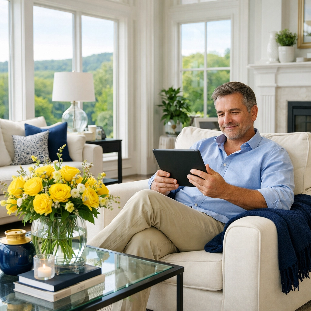 Satisfied homeowner enjoying a spotless luxury living room after a professional house cleaning service.